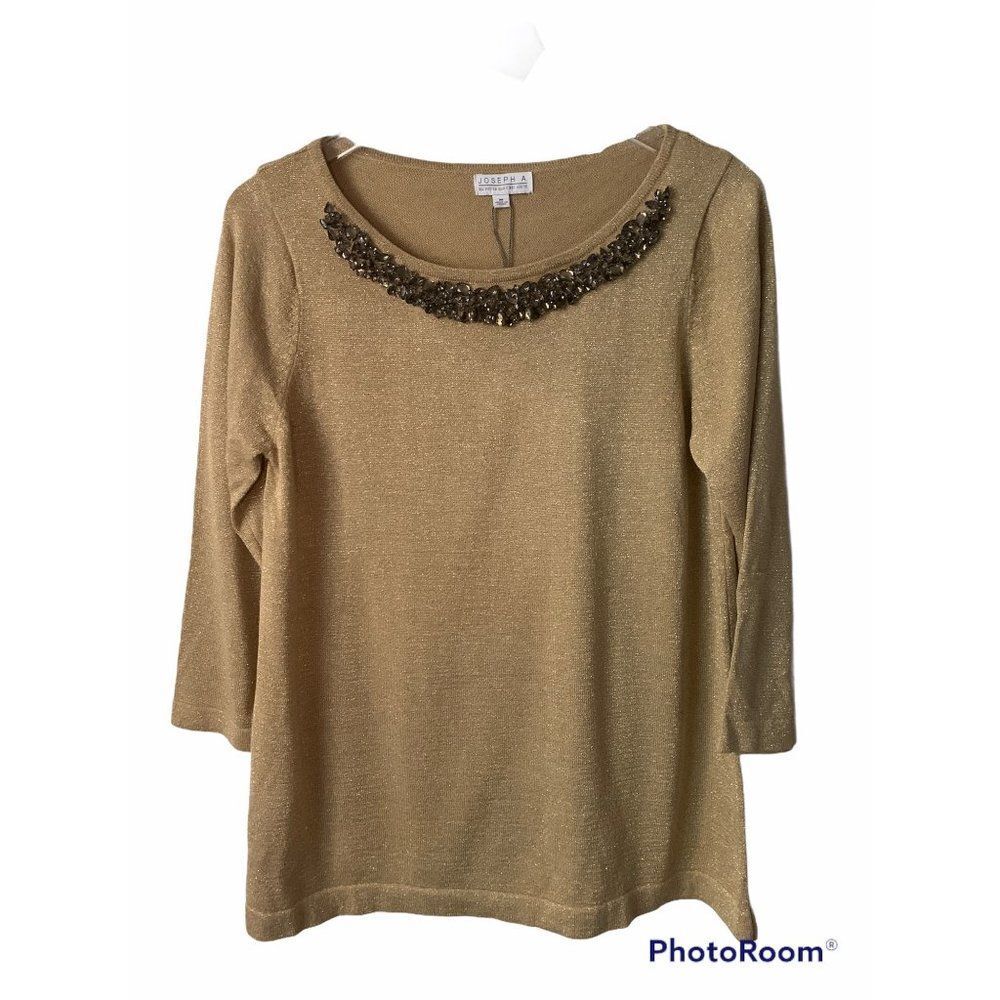 Joseph A Size M Metallic Gold Beaded Neckline Knit Top Pullover Sweater NWT Beig